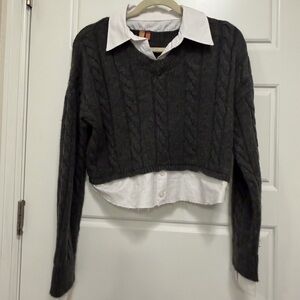 Pilcro Cropped Dark Gray Cable Knit Sweater with shirt sewed in